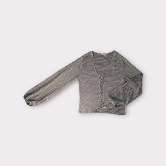 Gimmicks Sweater Top Womens Large Brown Sheer Open Knit Lace Up Long Sleeve - Picture 1 of 8